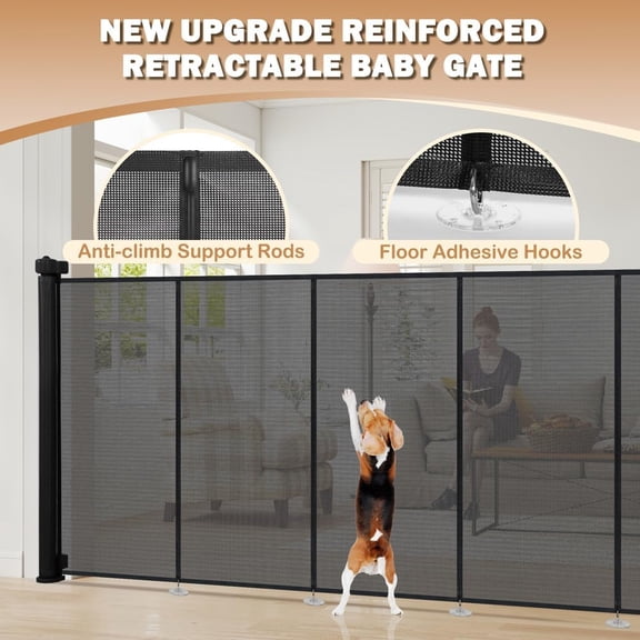 Wide Retractable Dog Gate with Support Rods, Mesh Gate Extend to 118" Wide 44" Tall for Stairs Indoor Outdoor Black