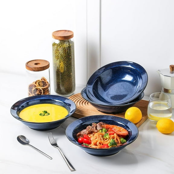 Wide Rim Soup Bowls - 27oz Ceramic Pasta Plates Set of 4 for Gumbo Salad Spaghetti Dipping Bread Dishes Home Restaurant Use