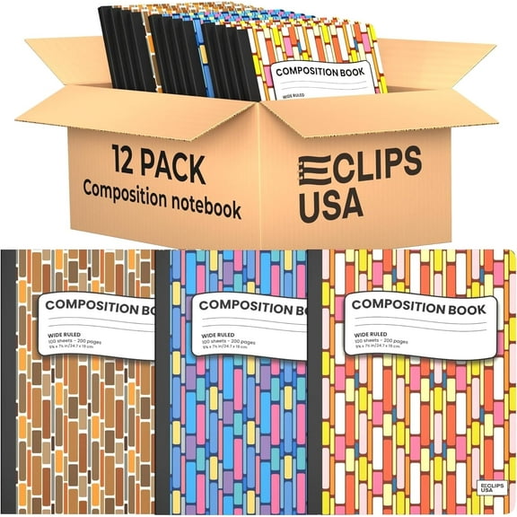 E-CLIPS USA Hard Cover Wide-Ruled Writing Paper Composition Notebooks with Geometric Design, 12-Pack