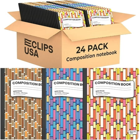 E-CLIPS USA Hard Cover Wide-Ruled Writing Paper Composition Notebooks with Geometric Design, 24-Pack