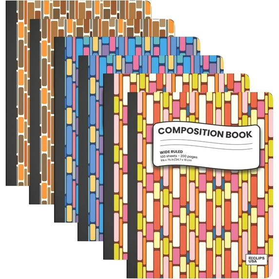 E-CLIPS USA Hard Cover Wide-Ruled Writing Paper Composition Notebooks with Geometric Design, 6-Pack