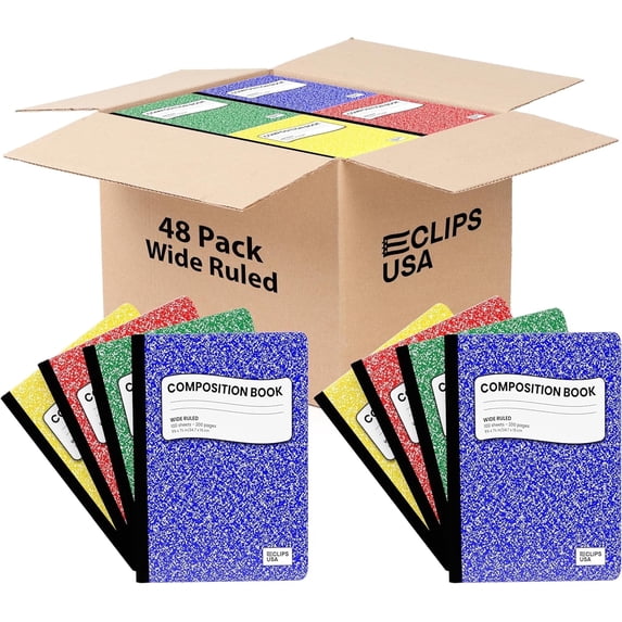 E-CLIPS USA Wide Ruled Notebooks and Hard Cover Composition Notebooks with Marble Design, 48-Pack