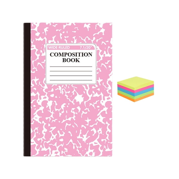 Wide Ruled Composition Notebook & Stickler, Marble Cover, 100 Pages, 1 Count, Office Supplies for Teens & Adults, A5 Pink