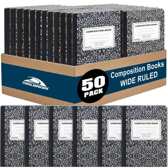Trailmaker (50 Pack) Bulk Composition Notebooks, Wide Ruled Marble Cover, 200 Pages (100 Sheets), 9.75 x 7.5, Bulk School Supplies for Classroom, Office & School Donations