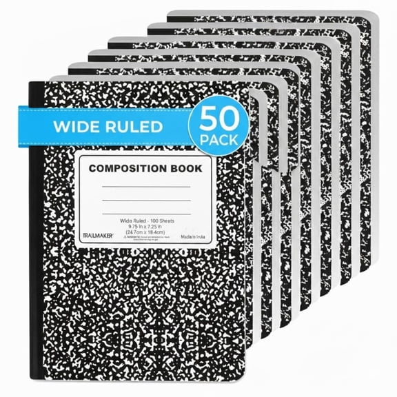 Wide Ruled Composition Notebooks, Black & White Marble, 100 Sheets, 50 Pack