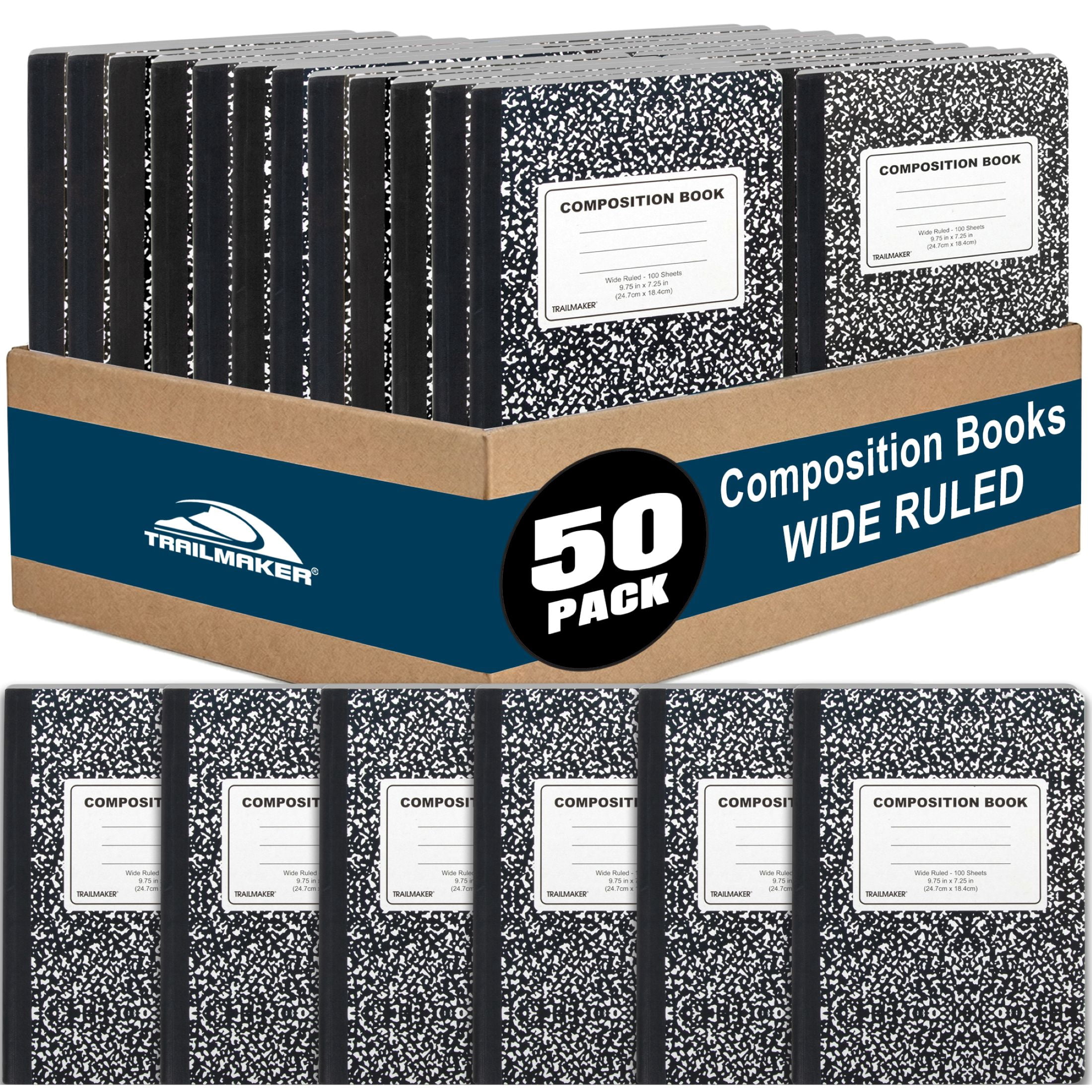 Trailmaker (50 Pack) Bulk Composition Notebooks, Wide Ruled Marble Cover, 200 Pages (100 Sheets), 9.75 x 7.5, Bulk School Supplies for Classroom, Office & School Donations