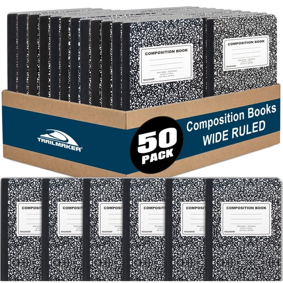 Trailmaker (50 Pack) Bulk Composition Notebooks, Wide Ruled Marble Cover, 200 Pages (100 Sheets), 9.75 x 7.5, Bulk School Supplies for Classroom, Office & School Donations