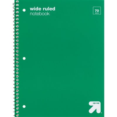 Wide Ruled Green 1 Subject Flexible Plastic Cover Spiral Notebook : Single Subject, Perforated, 3 Hole Punched