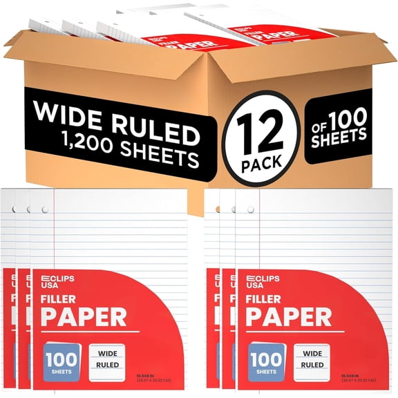 Wide Ruled Loose Leaf Paper Wide Ruled Notebook Paper Lined Writing Filler Paper 10.5 x 8 56 gsm 1200 Sheets 100 Sheet Per Pack (12 Pack)