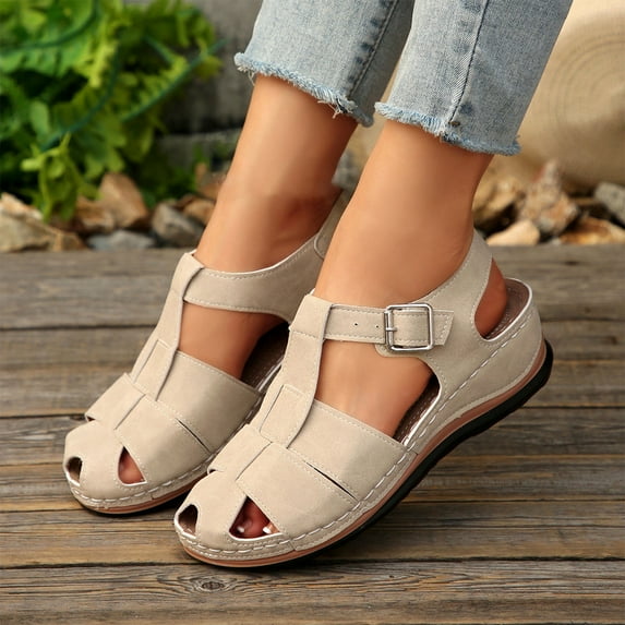 Wide Sandals for Women Oofos Flip Flops Women Women's Fashion Casual Spring And Summer Comfortable Style Solid Color Hollow Breathable Round Toe Thick Bottom Wedge Sandals Beige