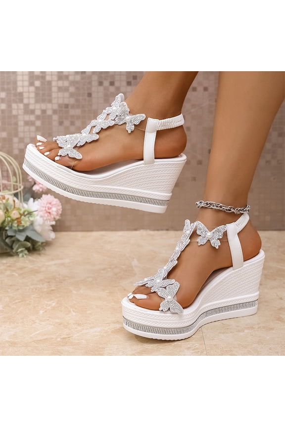 Wide Sandals for Women Oofos Flip Flops Women Women's Fashion Casual Spring Rhinestone Thick-Soled Wedge Sandals White