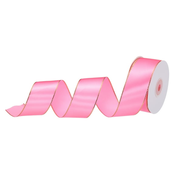 Wide Satin Ribbon with Gold Edges Border Grosgrain Fabric Ribbon for Gift Wrapping Wedding Bouquet Peach Pink 1 1/2 Inch x 25 Yard