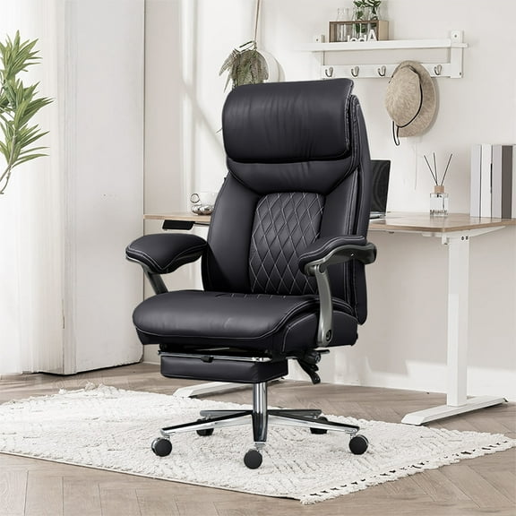 XUEGW Wide Seat Big and Tall Executive Office Chair, 600 lbs Heavy-Duty Ergonomic Desk Chair with Lumbar Support & Headrest, Luxury Leather Chair with Leg Rest, Black