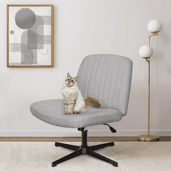 Wide Seat Office Chair No Wheels – Ergonomic Gray Fabric Desk Chair with Adjustable Height & Tilt, Perfect for Home Office, Vanity, or Bedroom