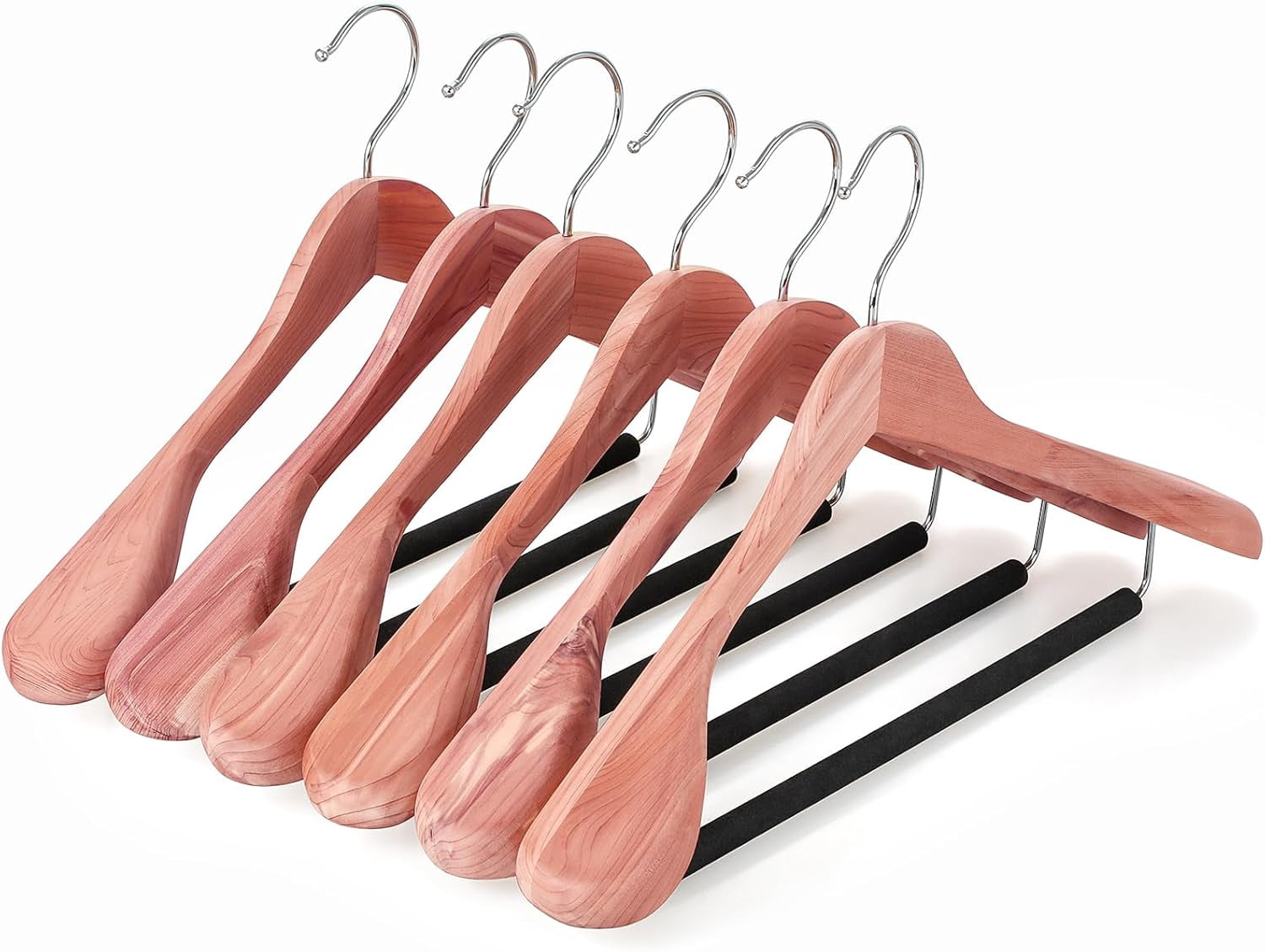 Wide Shoulder Cedar Wooden Hangers 8 Pack, Luxury Wood Suit Coat Hangers with Black Padded Pant Bar and 360 °   Swivel Chrome Hook, Natural Finish
