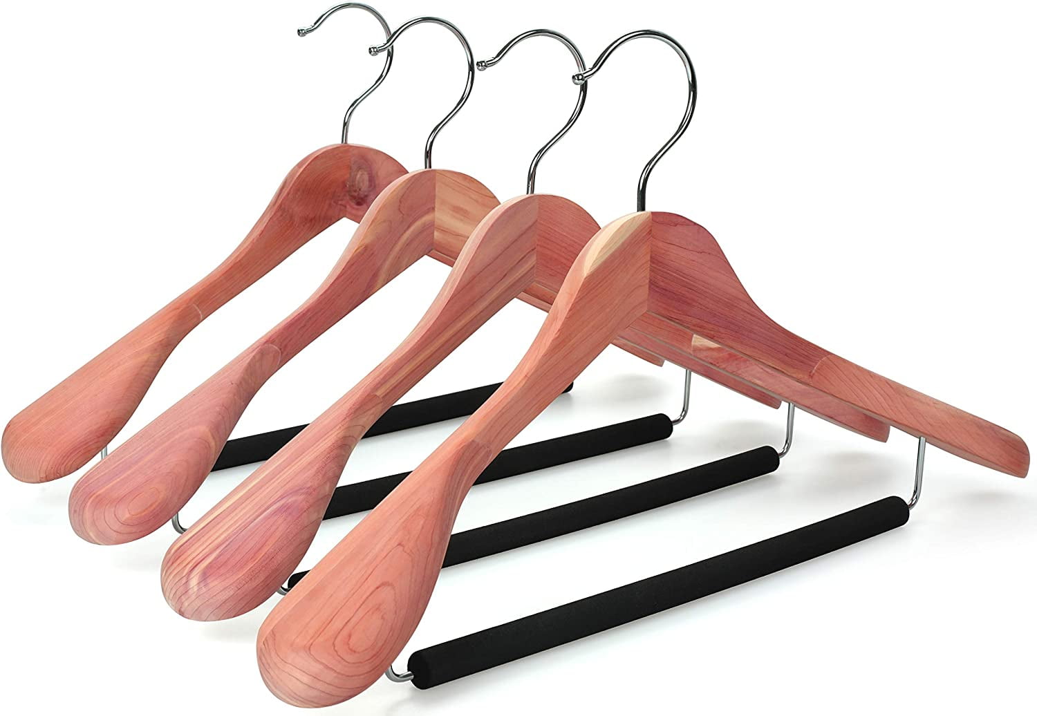 Wide Shoulder Cedar Wooden Hangers 8 Pack, Luxury Wood Suit Coat Hangers with Black Padded Pant Bar and 360 °   Swivel Chrome Hook, Natural Finish