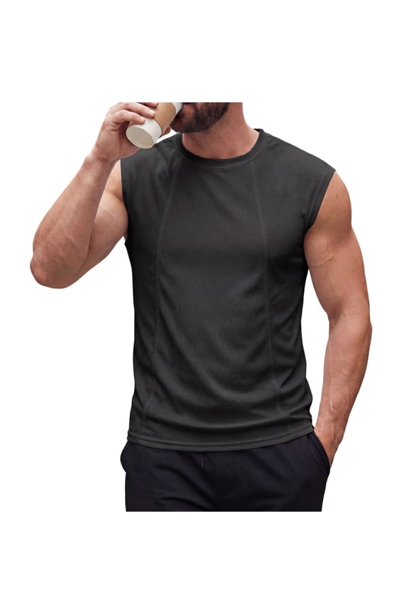 Wide Shoulder Crew Neck Sleeveless Top for Men, Breathable Plain Knit Fabric Relaxed Fit Daily Running Sport Vest