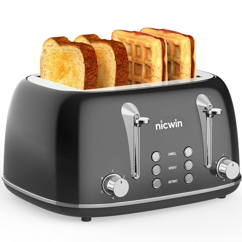 NICWIN 4 Slice Toaster, Extra Wide Slots Bread Toaster, Toast Shade Selector, Defrost & Reheat Functions for Kitchen Apartment Essentials, Black