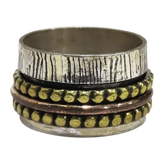 Wide Spinner Band, Bohemian Ring, 925 Sterling Silver Ring, Spinning Thumb Ring, Three Tone Ring, Fidget Ring, Handmade Jewelry, Christmas Oxidized, Brass Copper Band, Anxiety Ring, Mans Band Gifts