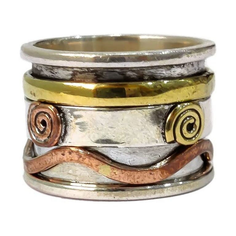 Spin Ring with Three Gold Spinning Bands Hammered Antiqued Sterling Silver Spin Ring with Three Gold Spinning Bands Hammered Antiqued Sterling Silver