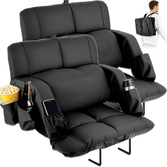 Wide Stadium Seats with Back Support for Bleachers, 2 Pack Bleacher Seat with 5" Thick Comfy Padded Cushion, 6 Adjustable Angle, Cup Holder and Shoulder Strap, Portable Stadium Chair for Sport Events