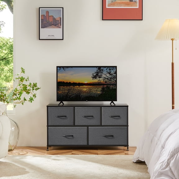 Wide Storage Chest with 5 Fabric Drawers, Greige Oak Organizer Unit, Practical Furniture for Daily Home Storage Needs