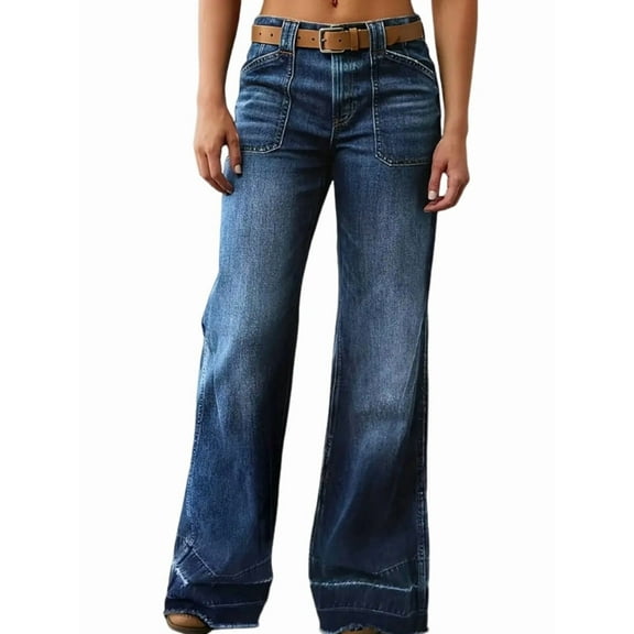 Wide Straight Leg Mid Rise Baggy Pocket Denim Jeans Without Belt Dark Blue S