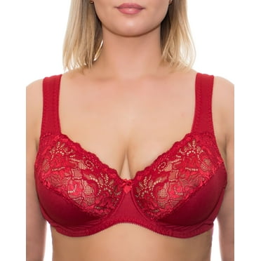 Wide Strap Bra Plus Size Full Coverage Underwire Support Panels 34 36 38 40 42 44 46 / C D E F G H I J ( 40C, Red)