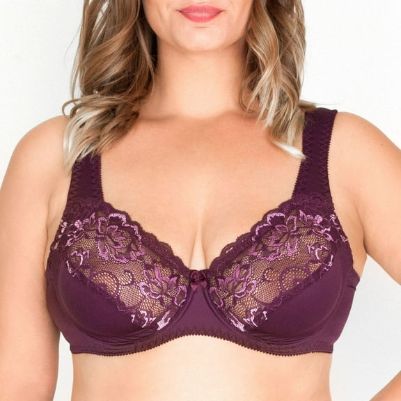 Wide Strap Bra Plus Size Full Coverage Underwire Support Panels 34 36 38 40 42 44 / C D E F G H I J (38J, Plum)