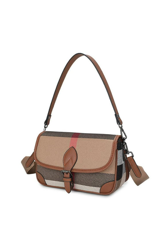 Wide Strap Shoulder Bags for Women 2024 New Luxury High Quality Leather Canvas Plaid Handbags and Purses Designer Underarm Bag (Brown Women Bags)