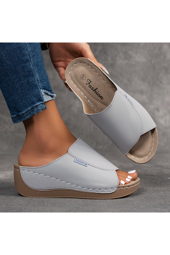 Wide-Strap Wedge Soft Sole Slides Non-slip Breathable Comfort Summer Work Footwear Gray 39