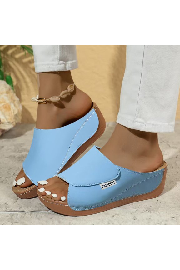 Wide-Strap Wedge Soft Sole Slides Non-slip Breathable Comfortable Summer Footwear Blue 36