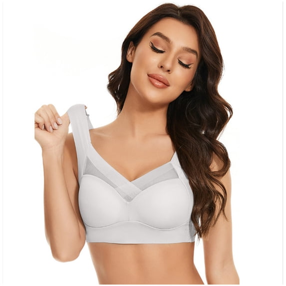 Wide Strap Wireless Sports Bra, Womens Mesh V-Neck Breathable Plus Size Comfortable Everyday Brassiere White Bras for Lady Low Back L