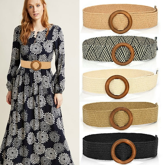 Wide Stretch Waist Belt with Wooden Buckle Decorative Accessory for Dresses and Coats
