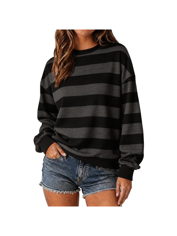 Wide Striped Long Sleeve Shirts for Women Lightweight Cotton Baggy Shirts Fall Family Photo Outfits for Women Teacher Outfits for Women Autumn Clothes for Women Rugby Shirt Women,Gray,L