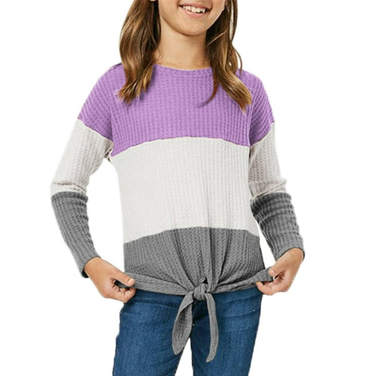 Wide Striped Print Girls Long Sleeve Casual Shirt With Knot Kids Round Neck  Children Knit Tops