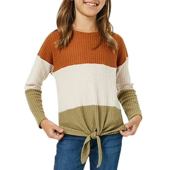 Wide Striped Print Girls Long Sleeve Casual Shirt With Knot Kids Round Neck Children Knit Tops