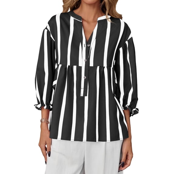 Wide Striped Sleeve Women Puff Sleeve Loose Blouse V-neck Casual Tops