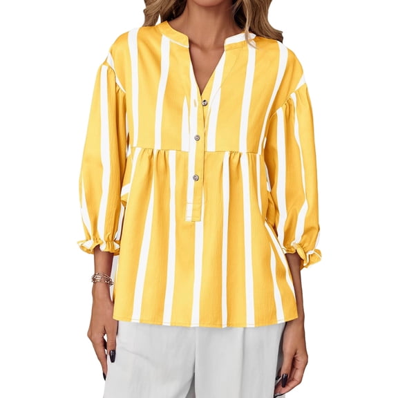 Wide Striped Sleeve Women Puff Sleeve Loose Blouse V-neck Casual Tops