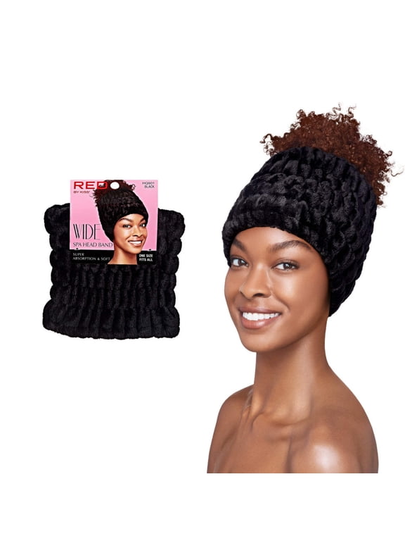 RED by Kiss Extra Wide Spa Headband, Super Absorbent & Soft Fluffy Plush Fleece, Full Hairline Coverage, Essential for Makeup, Skincare, Face Washing, Shower, Sauna, One Size Fits All (Black)