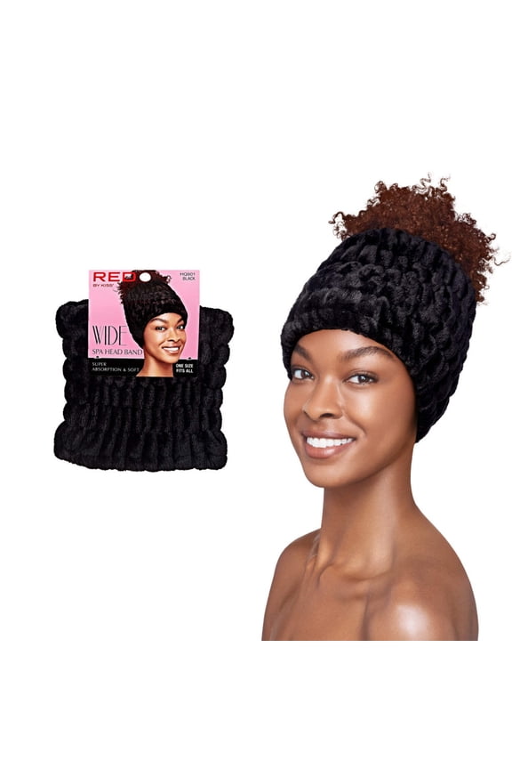 RED by Kiss Extra Wide Spa Headband, Super Absorbent & Soft Fluffy Plush Fleece, Full Hairline Coverage, Essential for Makeup, Skincare, Face Washing, Shower, Sauna, One Size Fits All (Black)