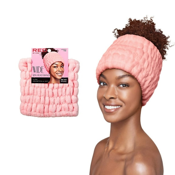 RED by Kiss Extra Wide Spa Headband, Super Absorbent & Soft Fluffy Plush Fleece, Full Hairline Coverage, Essential for Makeup, Skincare, Face Washing, Shower, Sauna, One Size Fits All (Pink)