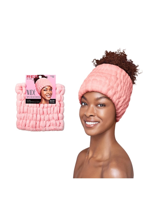 RED by Kiss Extra Wide Spa Headband, Super Absorbent & Soft Fluffy Plush Fleece, Full Hairline Coverage, Essential for Makeup, Skincare, Face Washing, Shower, Sauna, One Size Fits All (Pink)