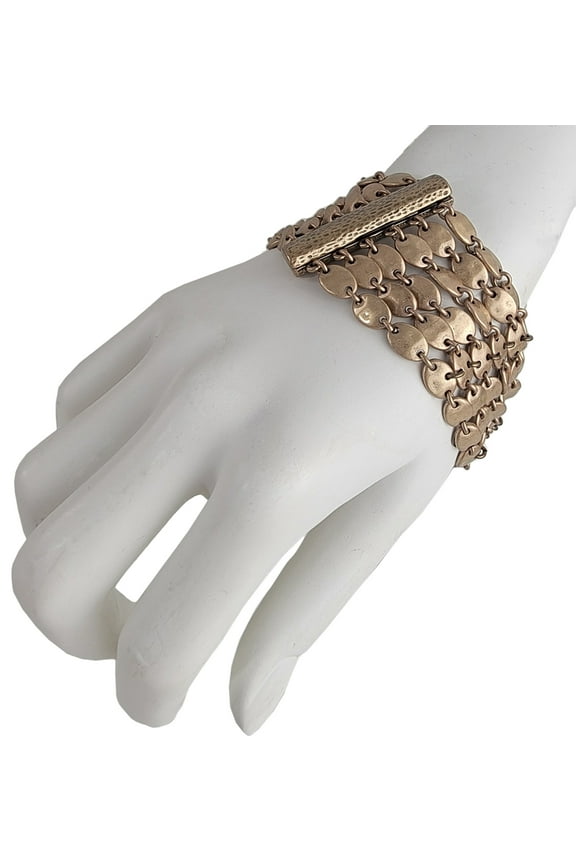 Wide Textured Metal Gold Tone Multi Strand Bracelet Magnetic Clasp Ladies Adult Women
