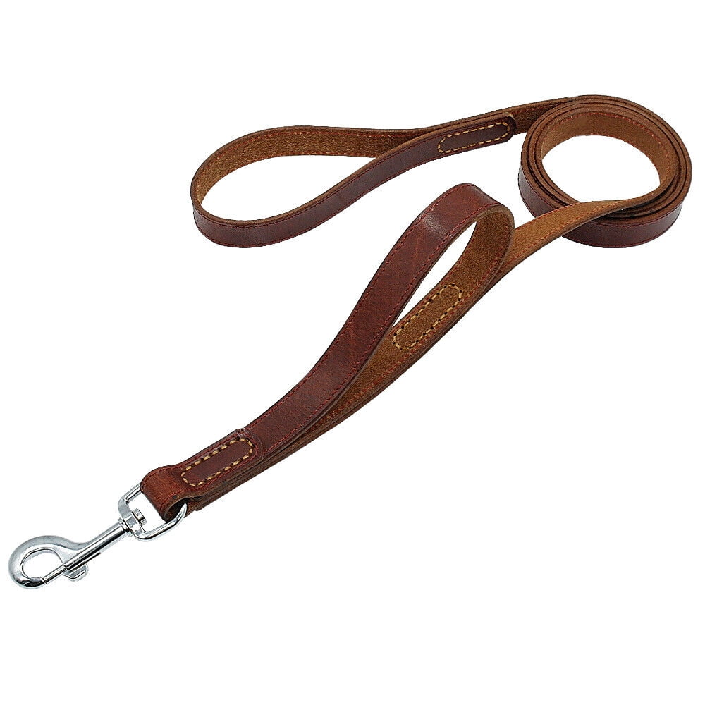 Wide Thick Genuine Leather Dog Leash with Dual Handle Pet Traffic ...