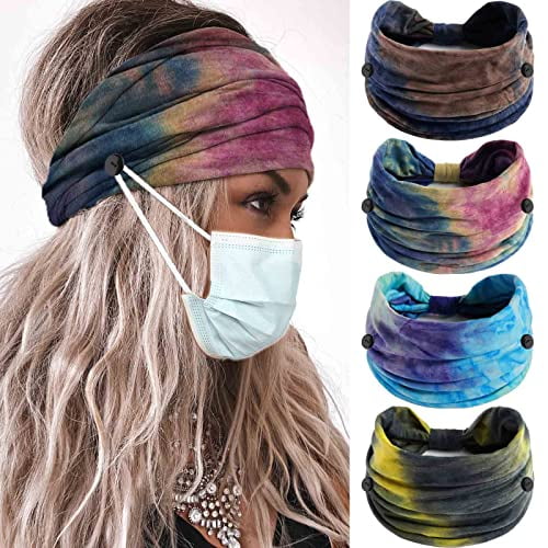 Wide Tie Dye Headband, Button Headbands for Mask, Non Slip Hairbands for Women, 4Pcs