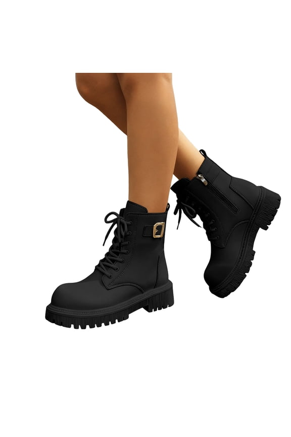 Wide Toe Box Combat Boots for Women Fleece Lined Chunky Heel Mid Calf Booties Comfortable Lace Up Ankle Riding Boots Black Size 8