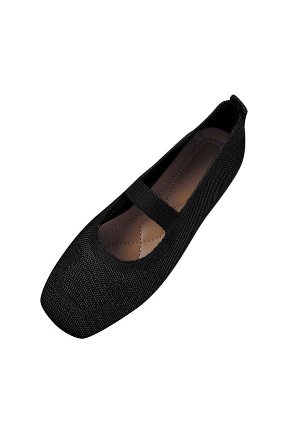 Wide Toe Box Flats for Women Comfortable Breathable Knit Square Toe Dress Shoes Trendy Business Casual Office Slip-On Low Heel Sandals Black Women Sandal