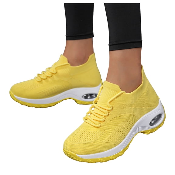 Wide Toe Box Running Shoes for Women Air Cushion Slip On Sneakers Arch Support Breathable Gym Athletic Tennis Shoes Yellow Size 10