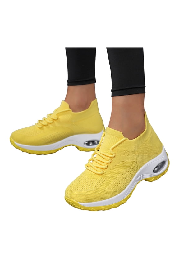 Wide Toe Box Running Shoes for Women Air Cushion Slip On Sneakers Arch Support Breathable Gym Athletic Tennis Shoes Yellow Size 10